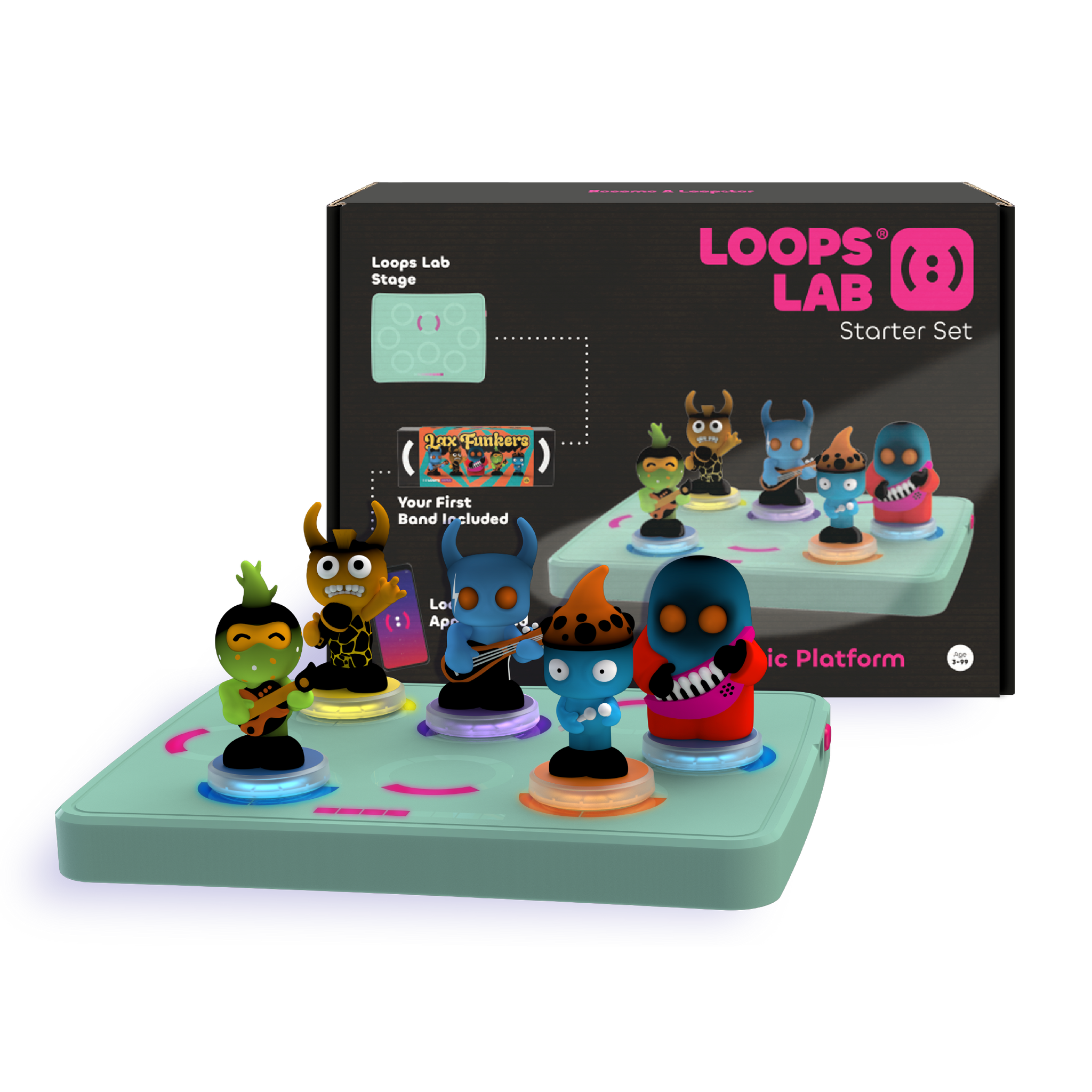 Set of colorful toy figures on a green platform with 'Loops Lab' packaging in the background.