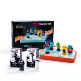 The Loops® Lab HedX Starter Bundle with the orange Stage Bumper: the Starter Set box, the lit Stage wearing the orange silicone Bumper with all five Lax Funkers figurines, and both HedX Twins boxes with the Loopola and E-cute figurines.