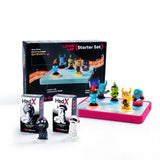 The Loops® Lab HedX Starter Bundle with the pink Stage Bumper: the Starter Set box, the lit Stage wearing the pink silicone Bumper with all five Lax Funkers figurines, and both HedX Twins boxes with the Loopola and E-cute figurines.