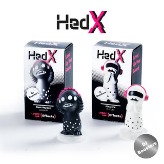 The HedX Twins: Loopola and E-cute DJ booster figurines with their boxes.